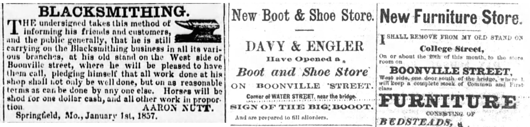 Ads for blacksmithing, bootmaking, and furniture