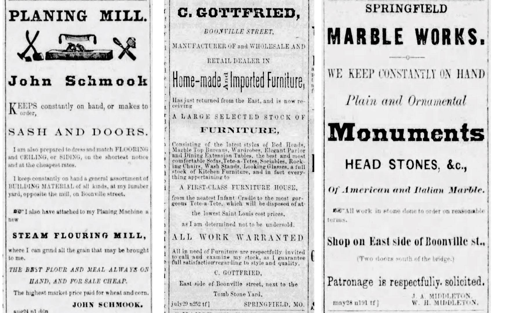 Ads from the 1860s: Schmook's Mill, Gottfried's, Marble Works