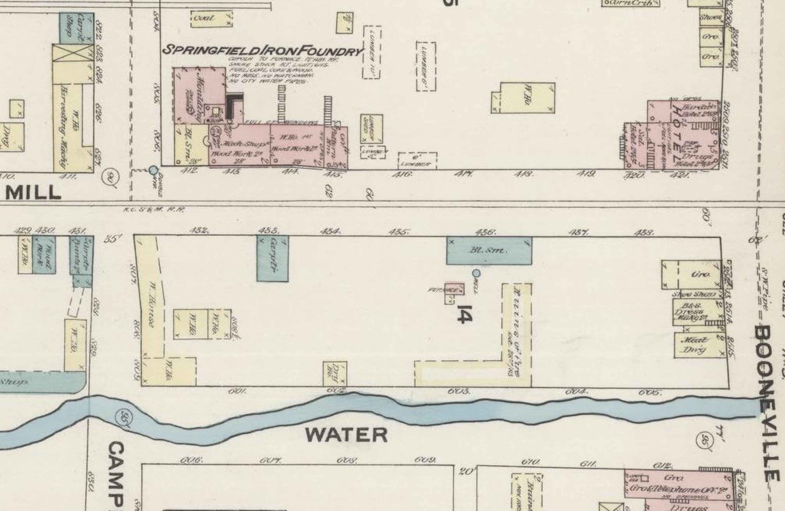 Detail of Sanborn Fire Insurance map of 1884, with remains of Wagon Factory after fire and iron foundry on later location of Brick 1