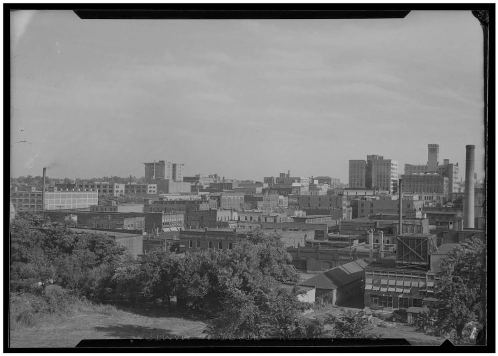 Greyscale photo of downtown Springfield from north