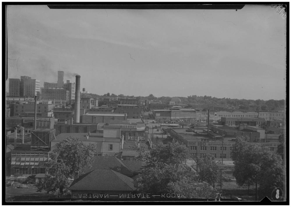 Greyscale photo of downtown Springfield from north